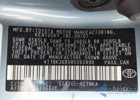 2008 Toyota Avalon Xl z USA, uszkodzony, nr VIN 4T1BK36B08U262890